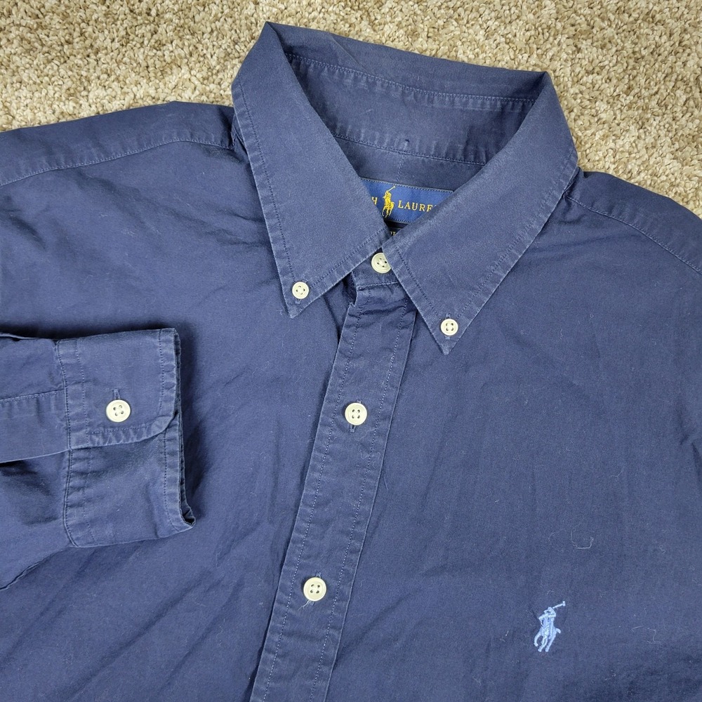 Ralph Lauren Slim Cotton Stretch Mens Large Solid Navy Pony Button Down LS